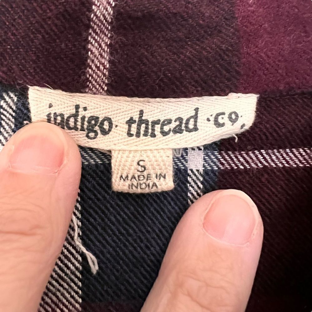 Indigo Thread Co maroon plaid flannel with velvet embroidered back detail S - Picture 3 of 8